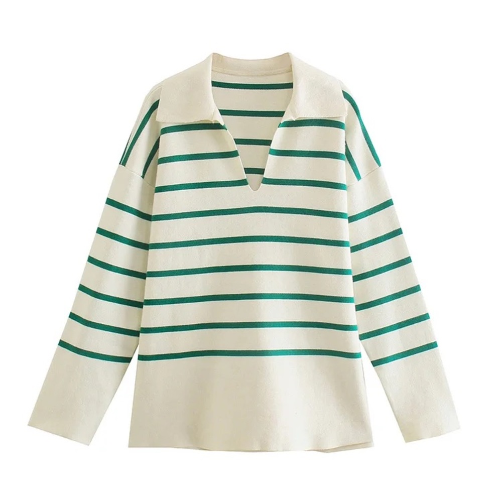 Stripped V neck Collar Knit Sweater